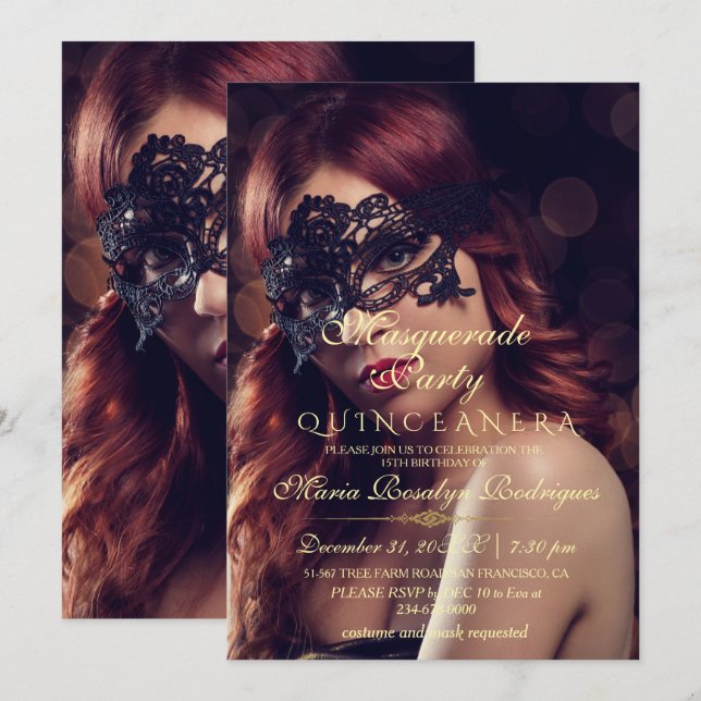 Modern Chic Masquerade Quinceanera Photo  Invitation (Front/Back)
