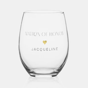 Modern Chic Matron of Honor Script Gold Heart Name Stemless Wine Glass