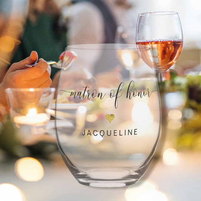 Modern Chic Matron of Honor Script Gold Heart Name Stemless Wine Glass (Creator Uploaded)