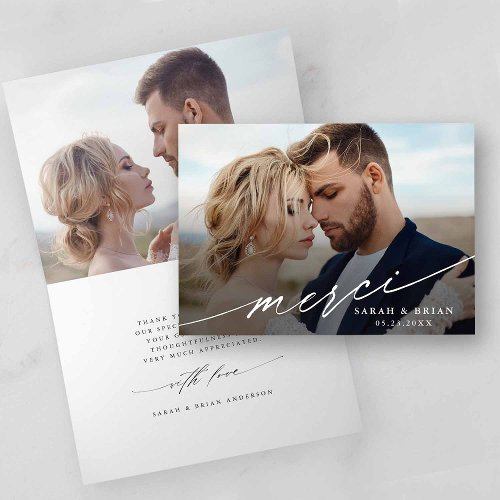 Modern Chic Merci Script 2 Photo Wedding Folded Thank You Card