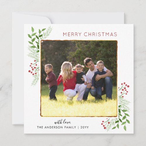 Modern Chic Merry Christmas Leaves Berries Photo Holiday Card