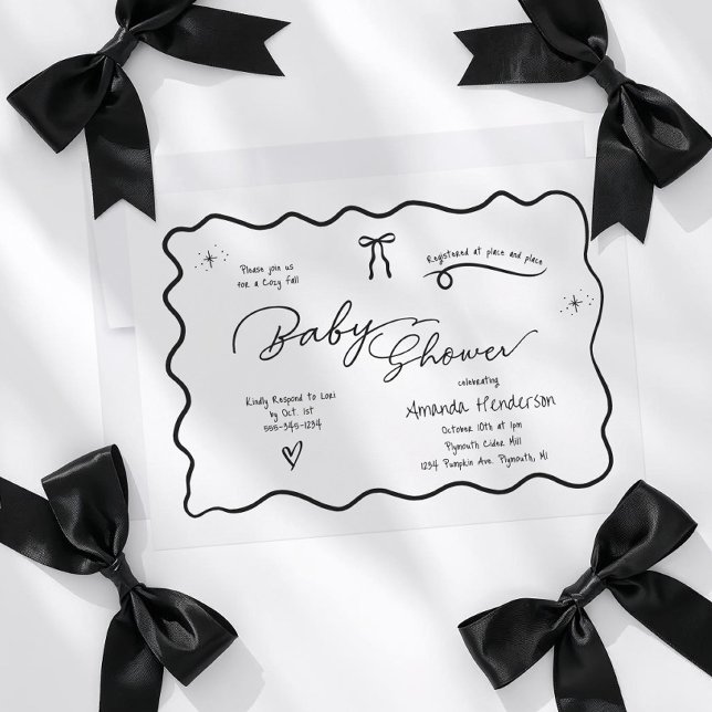 Modern Chic Minimalist Black White Bow Baby Shower Invitation (Black and White Chic Baby shower invitation with bow doodle design. )