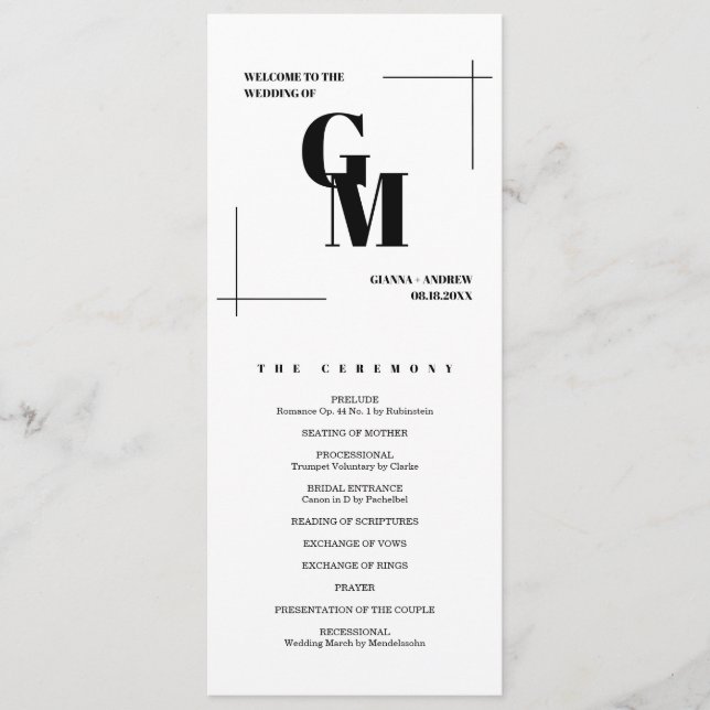 Modern Chic Minimalist Monogram QR Code Wedding Program (Front)