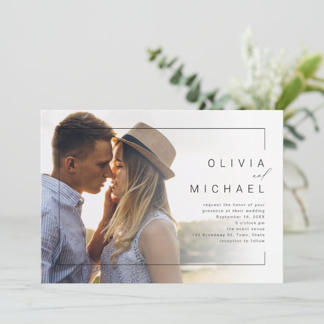 Modern chic minimalist photo wedding invitation (Standing Front)