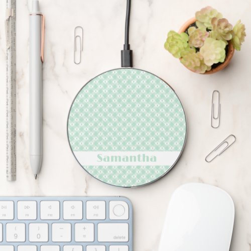 Modern Chic Mint Green Name Gingham Plaid Check  Wireless Charger