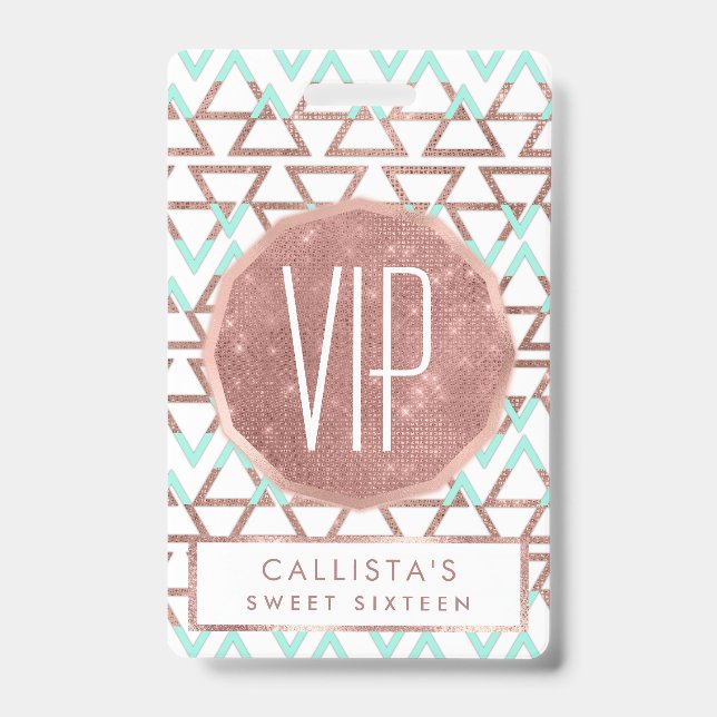 Modern Chic Mint Green Rose Gold Glitter Triangles Badge (Front)