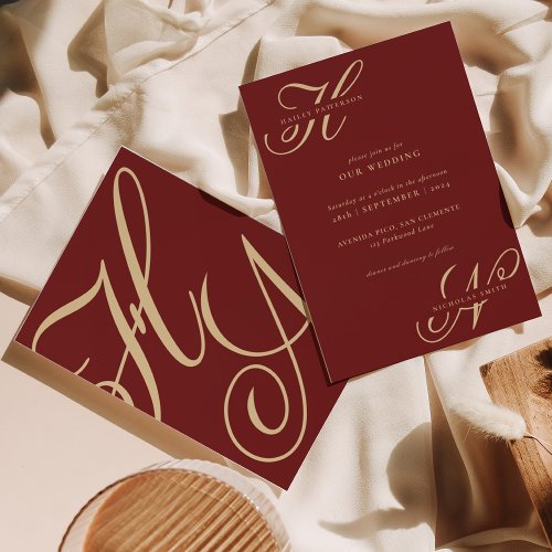 Modern Chic Monogram Burgundy and Gold Wedding Invitation