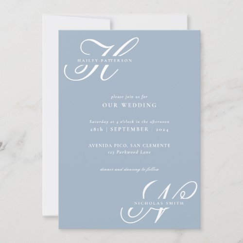 Modern Chic Monogram Dusty Blue Wedding Invitation