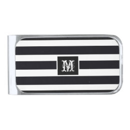 Modern Chic Monogram Initial Classic Black & White Silver Finish Money Clip