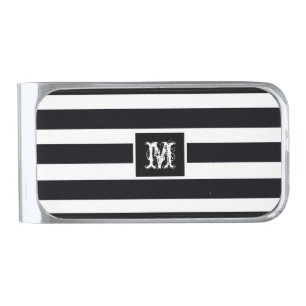 Modern Chic Monogram Initial Classic Black & White Silver Finish Money Clip