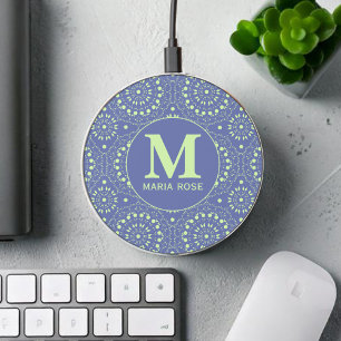 Modern Chic Monogram Modern Cute Lime Green Purple Wireless Charger