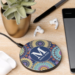 Modern Chic Monogram Modern Geometrical Navy Blue Wireless Charger
