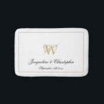 Modern Chic Monogram Names Newlywed Wedding White Bath Mat<br><div class="desc">Modern Chic Monogram Names Newlywed Wedding White Bath Mat. Stylish personalized white and gold monogrammed bath mat. Classic script for the monogrammed last name initial of the couple, the names of the bride and groom and the marriage date on a chic white background. The perfect gift for newly weds, engaged...</div>