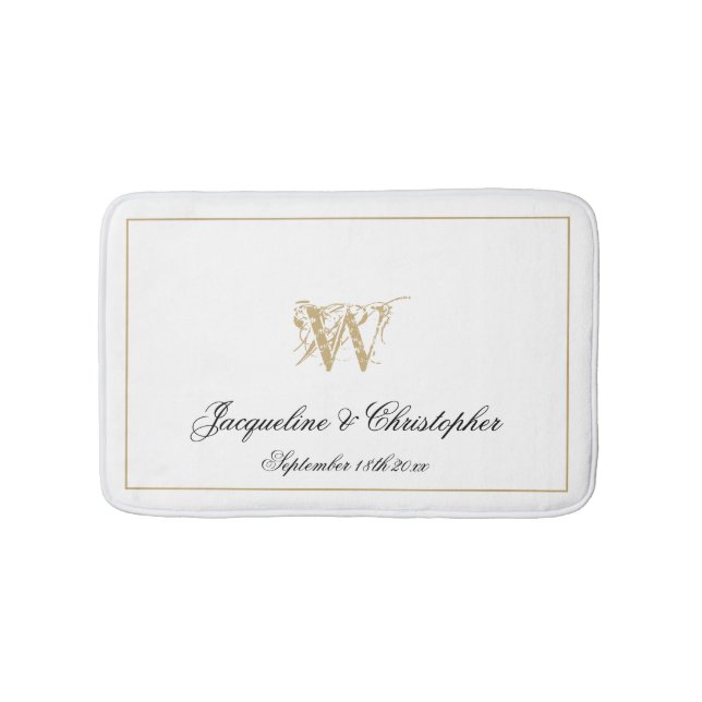 Modern Chic Monogram Names Newlywed Wedding White Bath Mat (Front)