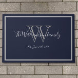 Modern Chic Monogram & Script Name & Date Front Doormat<br><div class="desc">Welcome Visitors with this Modern Chic Monogram & Script Name & Date Front Doormat. Personalized white, grey monogram design with bride and groom last name and date established on a navy blue background. A unique cool gift for newlyweds. Lovely for their new life together. Click personalize this template to customize...</div>