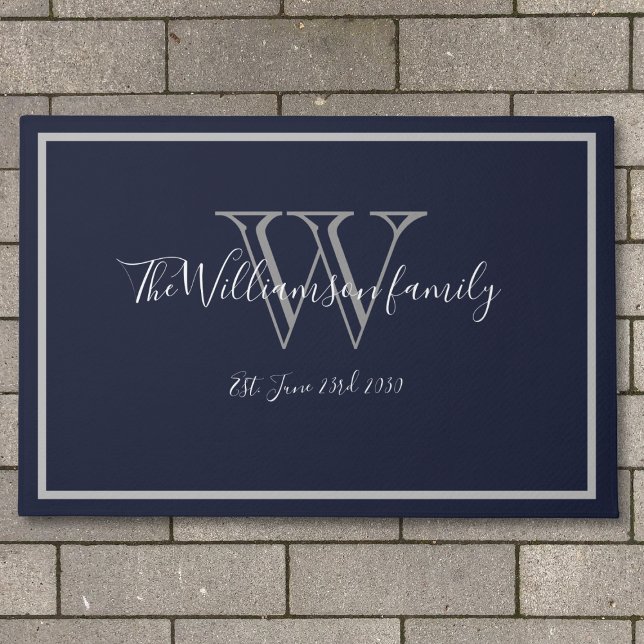 Modern Chic Monogram & Script Name & Date Front Doormat (Stylish, Modern and Chic - outdoor doormat for the newlywed.)