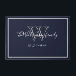 Modern Chic Monogram Script Name Wedding Welcome  Doormat<br><div class="desc">Modern Chic Monogram Script Name Wedding Welcome Doormat. Personalized white, grey monogram design with bride and groom last name and date established on a navy blue background. A unique cool gift for newlyweds. Lovely for their new life together. Click personalize this template to customize it quickly and easily. Ships Worldwide...</div>