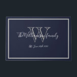 Modern Chic Monogram Script Name Wedding Welcome  Doormat<br><div class="desc">Modern Chic Monogram Script Name Wedding Welcome Doormat. Personalized white, grey monogram design with bride and groom last name and date established on a navy blue background. A unique cool gift for newlyweds. Lovely for their new life together. Click personalize this template to customize it quickly and easily. Ships Worldwide...</div>