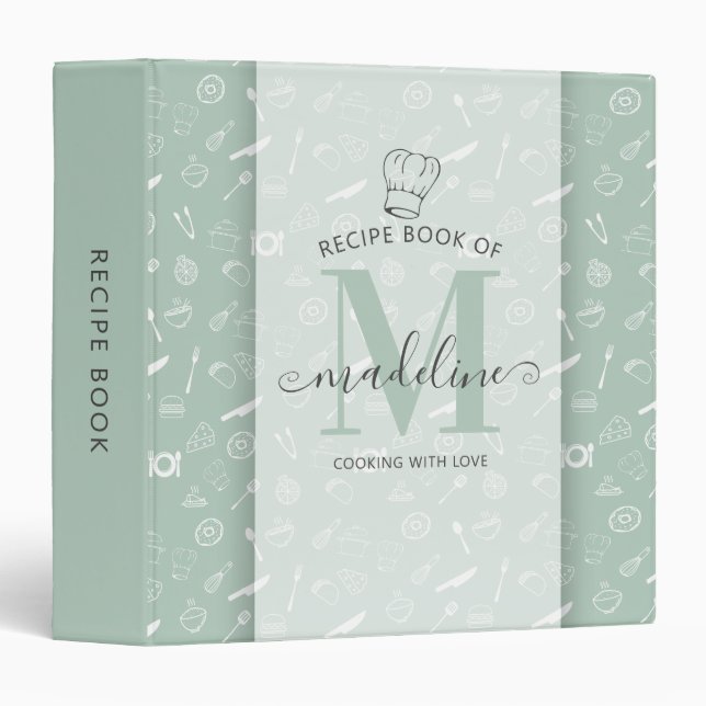 Modern Chic Monogram Teal Kitchen Utensils Recipe 3 Ring Binder (Front/Spine)