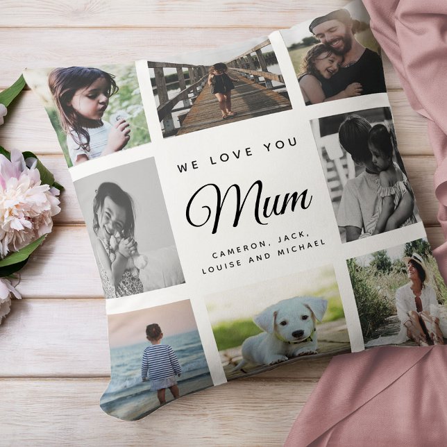 Modern Chic Mother's Day Mum Family Photo Collage Throw Pillow (We love you, Mum: For the Best Mom Ever in your life a modern, trendy Instagram family photo collage)