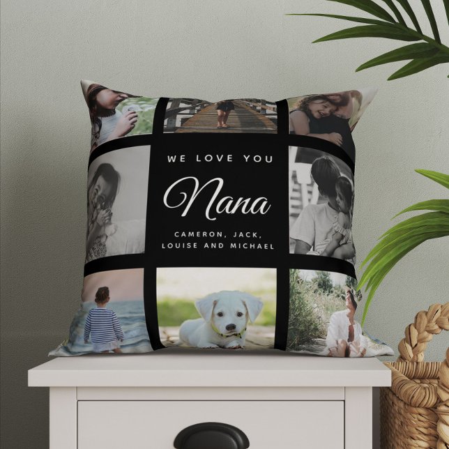 Modern Chic Mother's Day Nana Family Photo Collage Throw Pillow (We love you Nana! Custom message and favorite pictures make cute keepsake gift!)