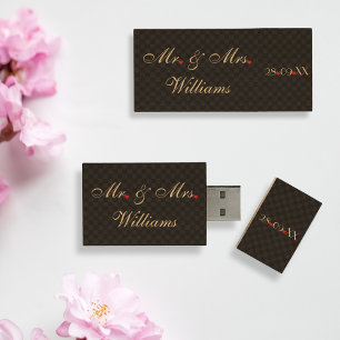 Modern Chic Mr Mrs Wedding Newlywed Couple USB Pen Wood USB Flash Drive