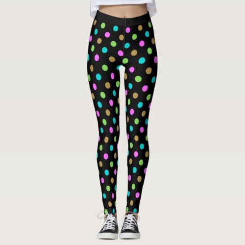 Modern Chic Multicolor Polka Dots Black Leggings