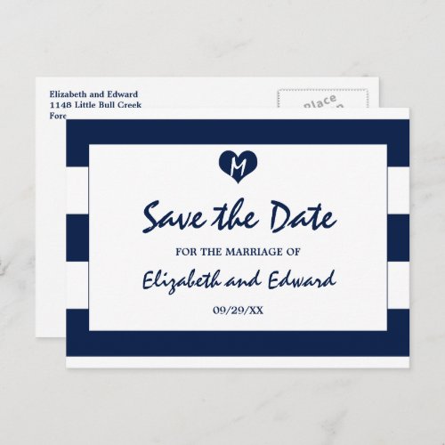 Modern Chic Navy and White Wedding Save The Date Announcement Postcard