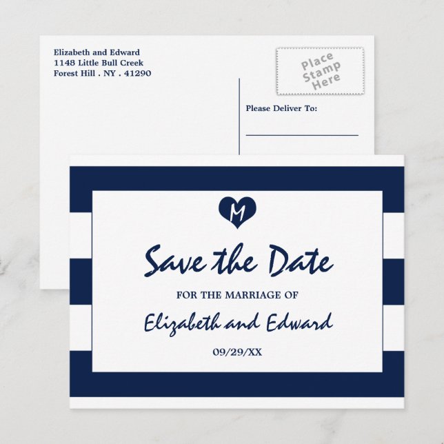 Modern Chic Navy and White Wedding Save The Date Announcement Postcard (Front/Back)