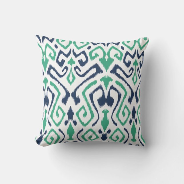 Modern chic navy blue and green ikat pillow (Front)
