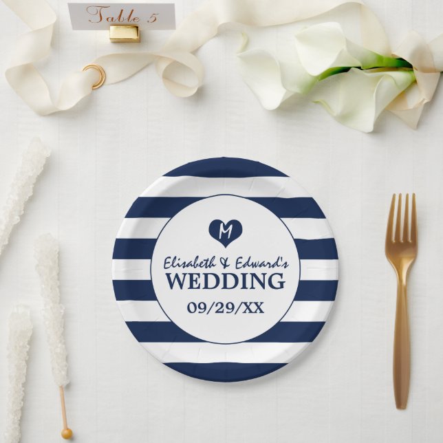Modern Chic Navy Blue and White Wedding Paper Plates (Wedding)