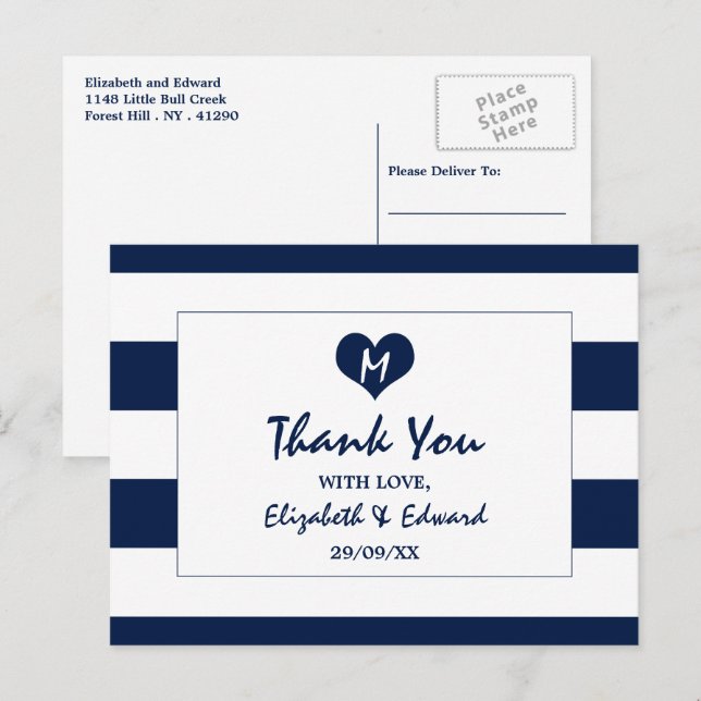 Modern Chic Navy Blue and White Wedding Thank You Postcard (Front/Back)