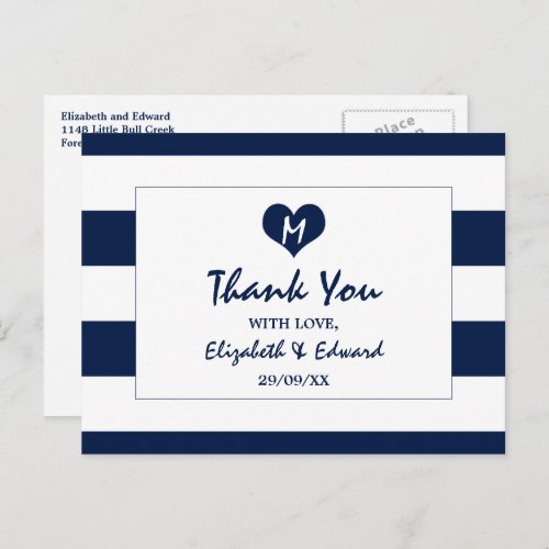 Modern Chic Navy Blue and White Wedding Thank You Postcard