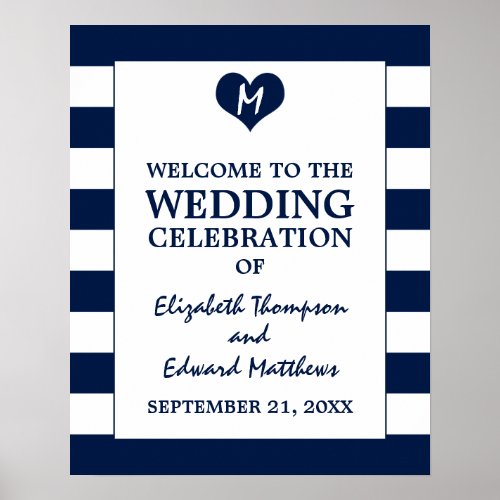 Modern Chic Navy Blue and White Wedding Welcome Poster