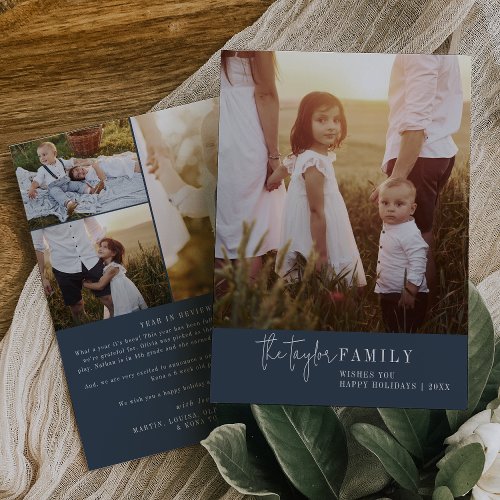 Modern Chic Navy Blue Family Photo Year in Review Holiday Card