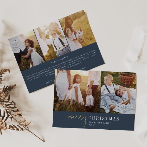 Modern Chic Navy Blue Gold Foil Photo Collage News Foil Holiday Card
