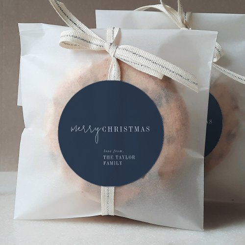 Modern Chic Navy Blue Merry Christmas Holiday Gift Classic Round Sticker