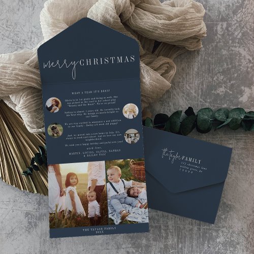 Modern Chic Navy Blue Merry Christmas Multi Photo All In One Invitation