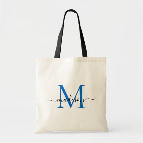 Modern Chic Navy Blue Monogram Elegant Script Name Tote Bag