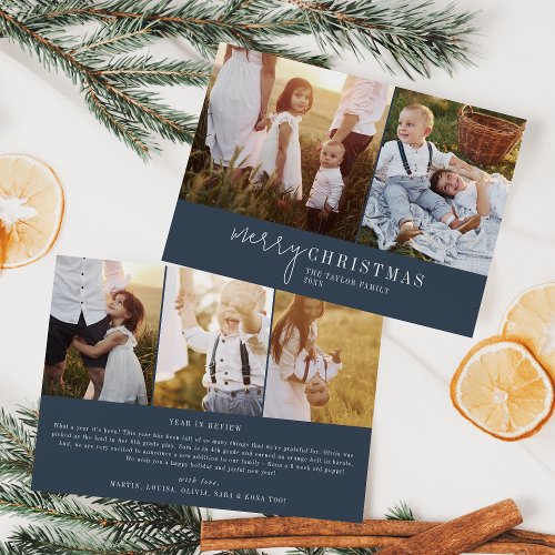 Modern Chic Navy Blue Photo Collage Christmas News Holiday Card