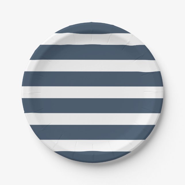 Modern Chic Navy Blue Stripe Birthday Party Paper Plates (Front)