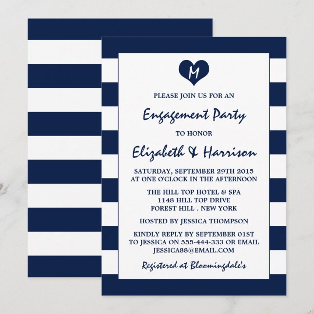 Modern Chic Navy Blue & White Engagement Party Invitation (Front/Back)