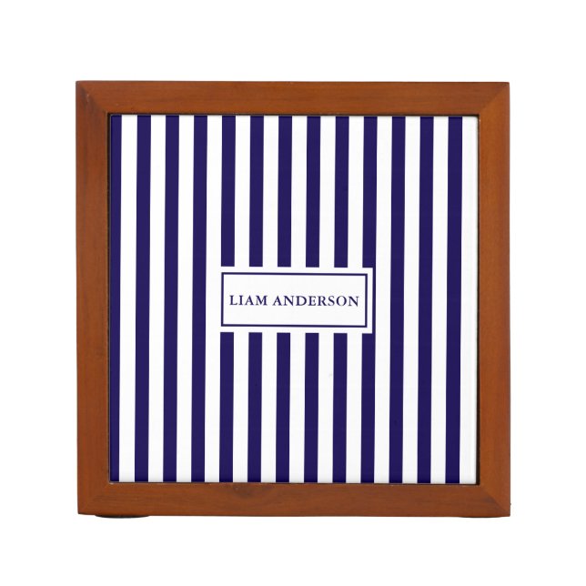 Modern Chic Navy Blue & White Vertical Stripes  Desk Organizer (Front)