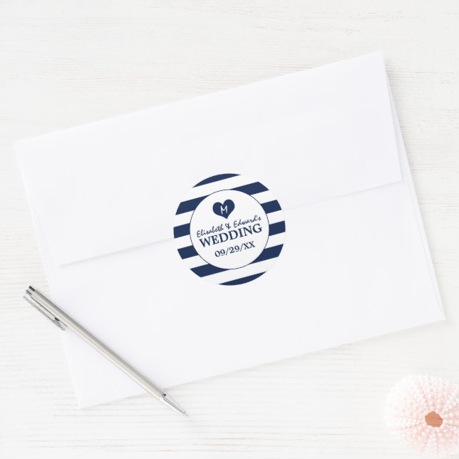 Modern Chic Navy Blue & White Wedding Classic Round Sticker (Envelope)
