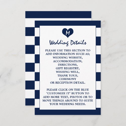Modern Chic Navy Blue  White Wedding Detail Enclosure Card
