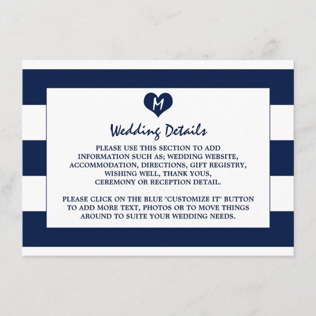 Modern Chic Navy Blue & White Wedding Detail Enclosure Card (Front)