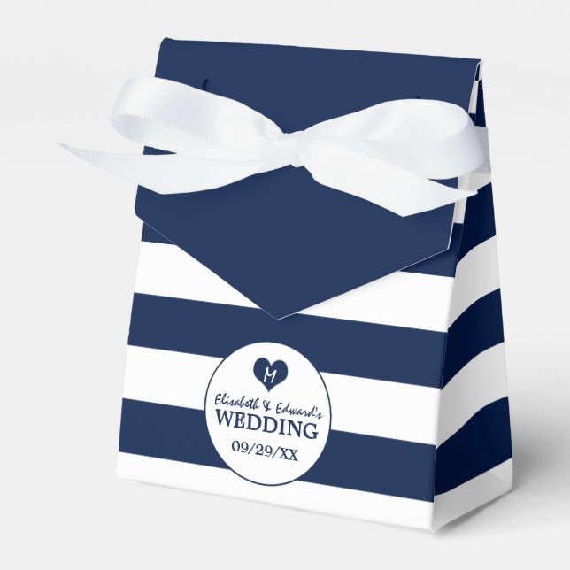 Modern Chic Navy Blue & White Wedding Favor Boxes (Front Side)