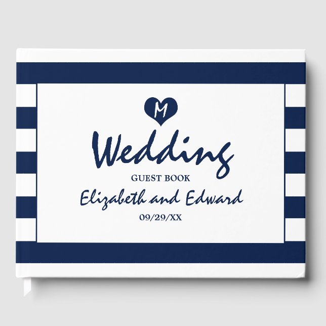 Modern Chic Navy Blue & White Wedding Guest Book (Front)