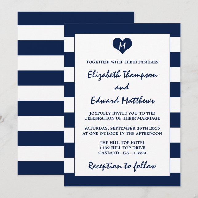 Modern Chic Navy Blue & White Wedding Invitation (Front/Back)