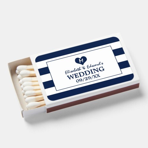 Modern Chic Navy Blue  White Wedding Matchboxes